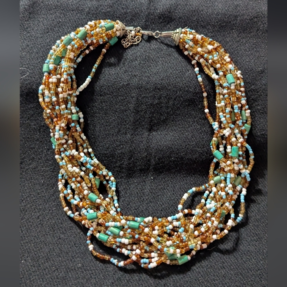 Silver Tone Blue White Brown Multi Strand Layered Beaded Statement Necklace